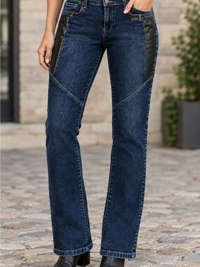 SUKO JEANS Women’s Dark Wash Asymetrical Vegan Leather Jeans Sz14 Flattering EUC